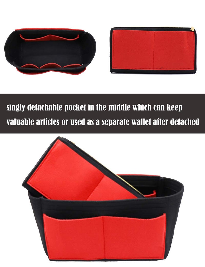 LEXSION Felt Purse Bag Organizer Insert with zipper Bag Tote Shaper Fit Speedy Neverful PM MM 8021 Black-red M - Image 2